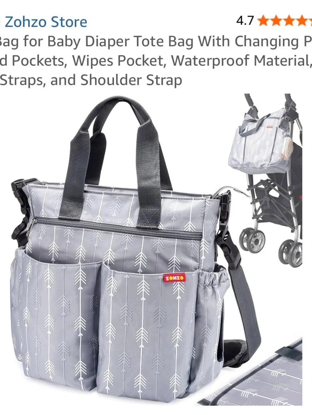 Grey Arrow-Print Diaper Bag with Changing Pad